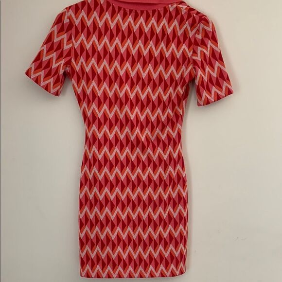 Zara S Pink Orange Zigzag Aztec Polo Bodycon Fitted Dress Clubwear Datenight - Picture 6 of 7